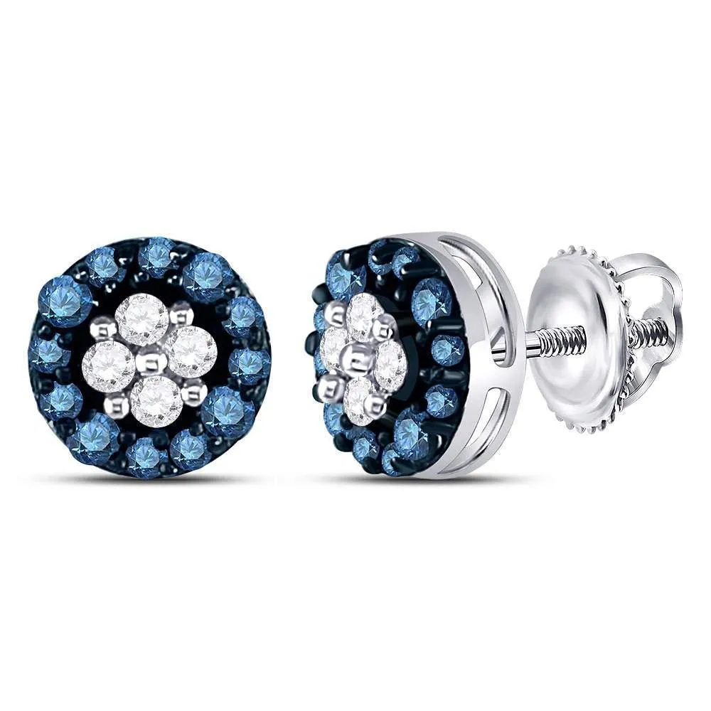 10K White Gold Round Blue Color Enhanced Diamond Cluster Earrings 1/3 Cttw