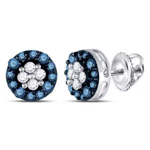 10K White Gold Round Blue Color Enhanced Diamond Cluster Earrings 1/3 Cttw