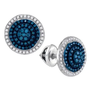 10K White Gold Round Blue Color Enhanced Diamond Concentric Cluster Earrings 1/2 Cttw