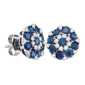 10K White Gold Round Blue Color Enhanced Diamond Flower Cluster Screwback Earrings 1-1/2 Cttw