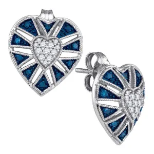 10K White Gold Round Blue Color Enhanced Diamond Heart Cluster Earrings 1/4 Cttw