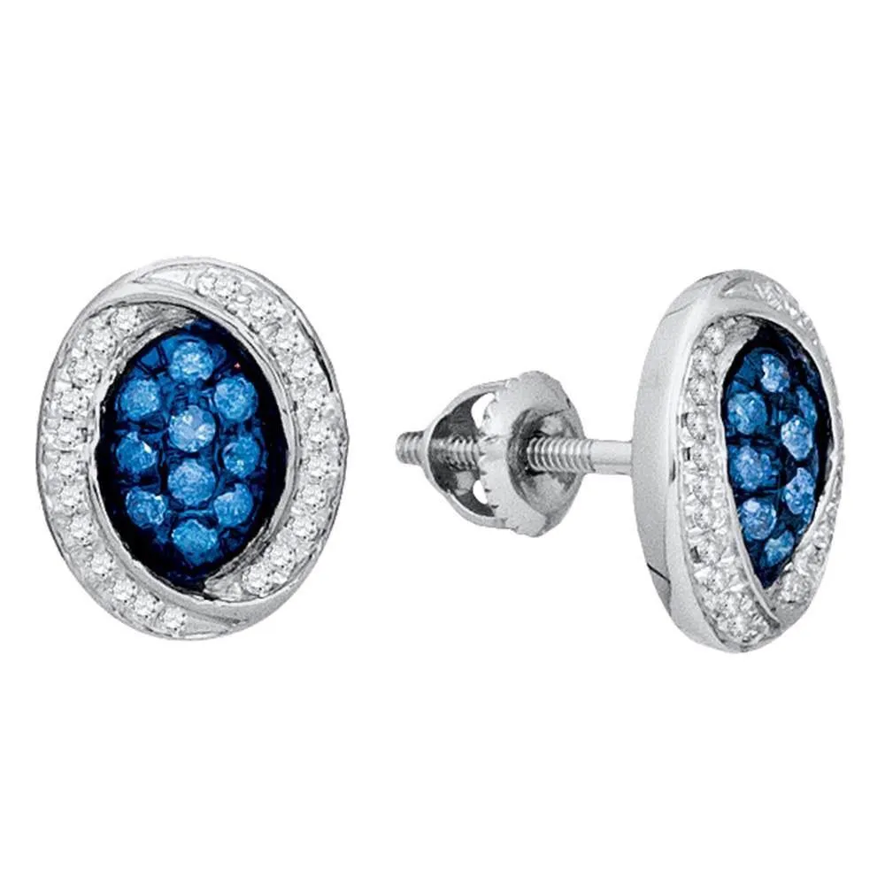 10K White Gold Round Blue Color Enhanced Diamond Oval Cluster Earrings 1/3 Cttw