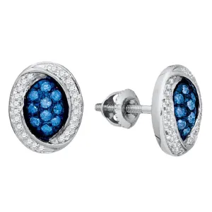 10K White Gold Round Blue Color Enhanced Diamond Oval Cluster Earrings 1/3 Cttw