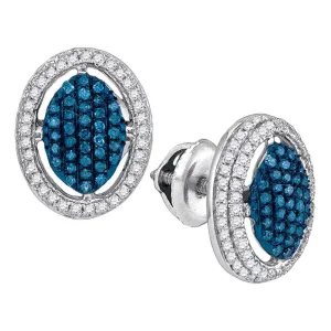 10K White Gold Round Blue Color Enhanced Diamond Oval Frame Cluster Earrings 1/2 Cttw