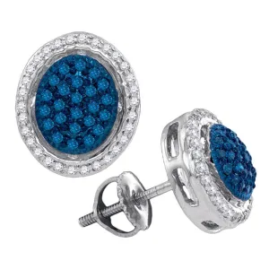 10K White Gold Round Blue Color Enhanced Diamond Oval Frame Cluster Earrings 3/8 Cttw