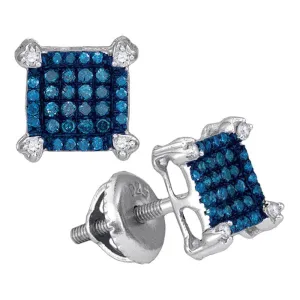 10K White Gold Round Blue Color Enhanced Diamond Square Cluster Earrings 1/4 Cttw
