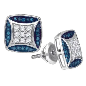 10K White Gold Round Blue Color Enhanced Diamond Square Cluster Stud Earrings 1/2 Cttw