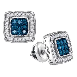 10K White Gold Round Blue Color Enhanced Diamond Square Frame Cluster Earrings 1/2 Cttw