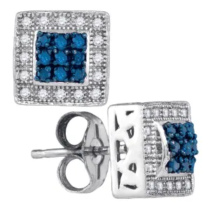 10K White Gold Round Blue Color Enhanced Diamond Square Frame Cluster Stud Earrings 1/5 Cttw