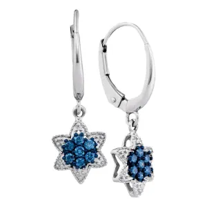 10K White Gold Round Blue Color Enhanced Diamond Star Cluster Dangle Earrings 1/4 Cttw