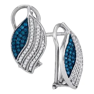 10K White Gold Round Blue Color Enhanced Diamond Stripe Oval Cluster Earrings 1/2 Cttw