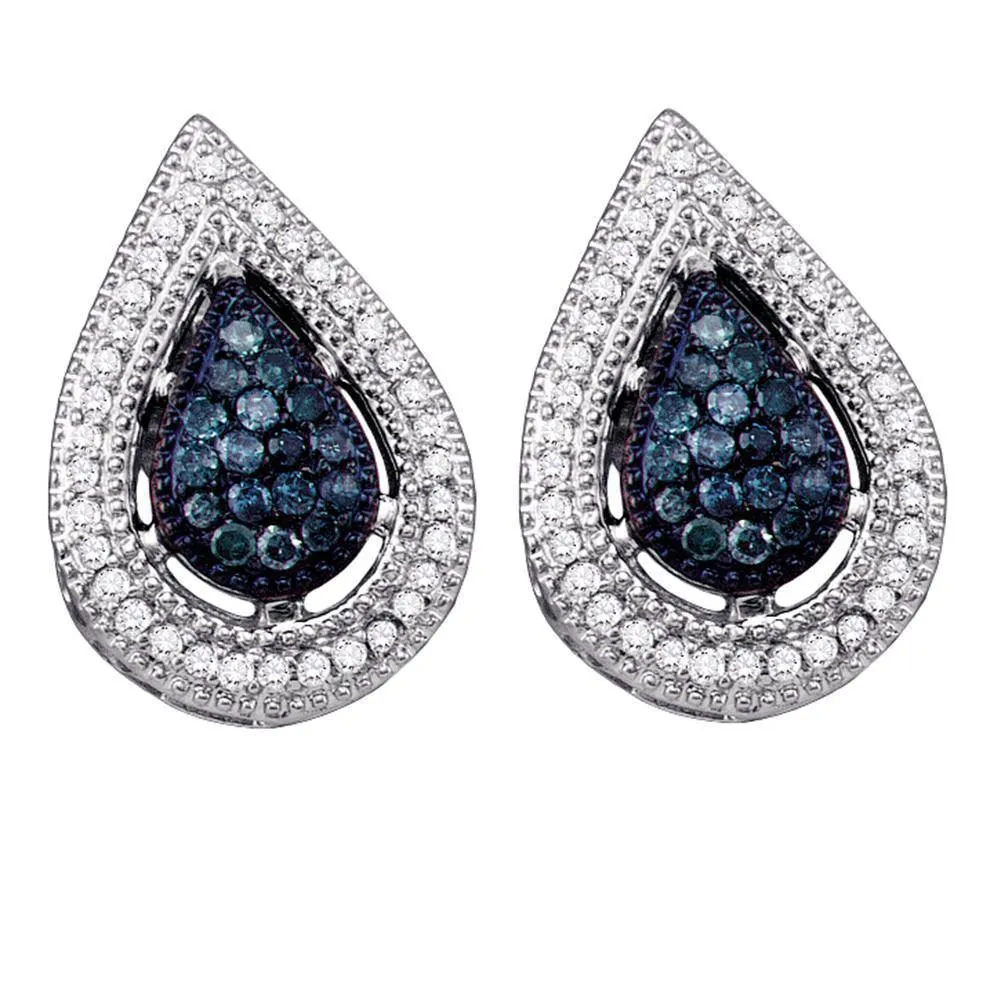 10K White Gold Round Blue Color Enhanced Diamond Teardrop Cluster Earrings 3/8 Cttw