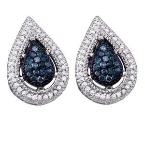 10K White Gold Round Blue Color Enhanced Diamond Teardrop Cluster Earrings 3/8 Cttw