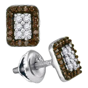 10K White Gold Round Brown Color Enhanced Diamond Rectangle Cluster Earrings 1/3 Cttw