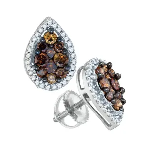 10K White Gold Round Brown Color Enhanced Diamond Teardrop Cluster Earrings 1.00 Cttw