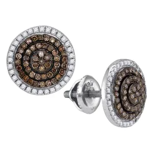 10K White Gold Round Cognac-brown Color Enhanced Diamond Concentric Cluster Earrings 1/2 Cttw