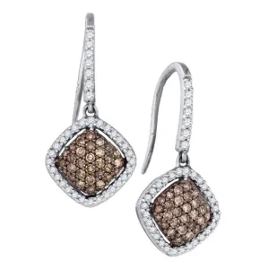 10K White Gold Round Cognac-brown Color Enhanced Diamond Square Cluster Dangle Earrings 5/8 Cttw