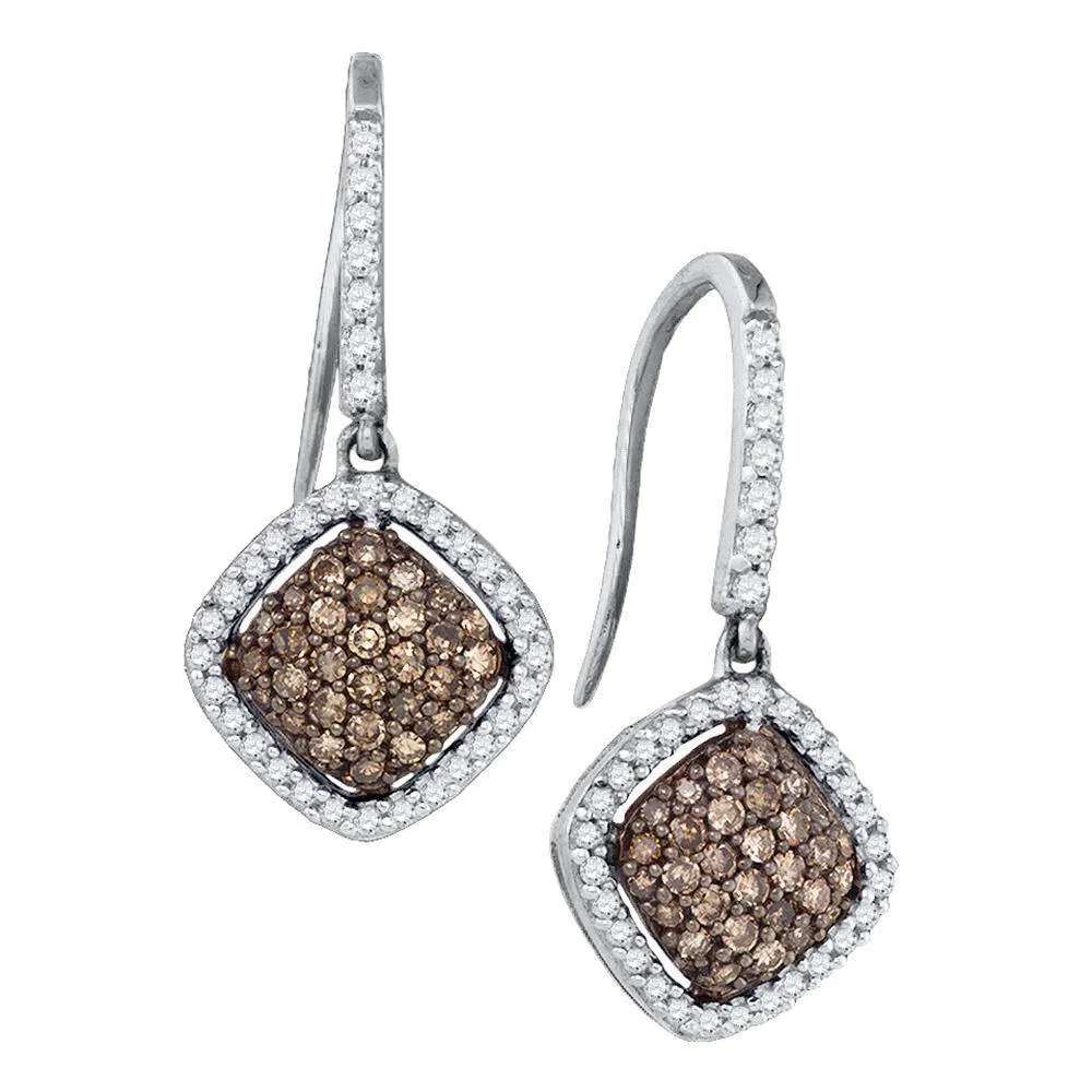10K White Gold Round Cognac-brown Color Enhanced Diamond Square Cluster Dangle Earrings 5/8 Cttw