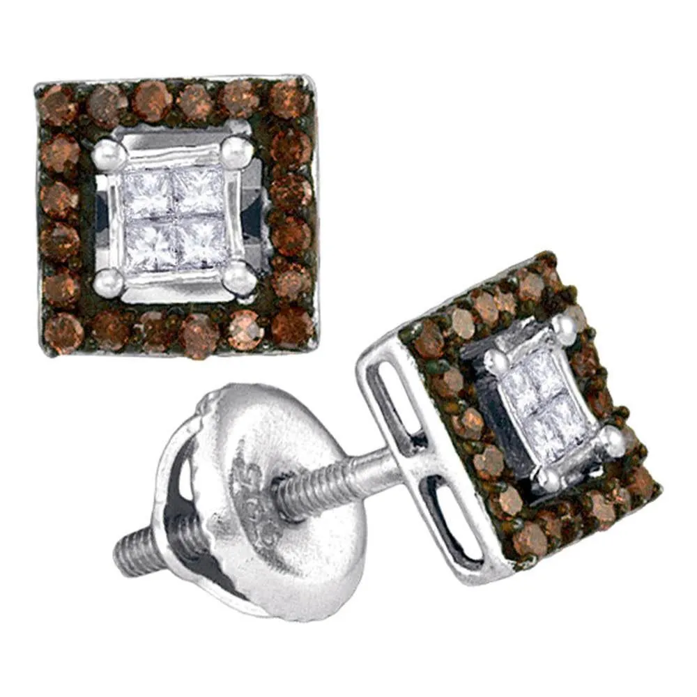 10K White Gold Round Cognac-brown Color Enhanced Diamond Square Cluster Earrings 1/3 Cttw