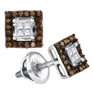10K White Gold Round Cognac-brown Color Enhanced Diamond Square Cluster Earrings 1/3 Cttw