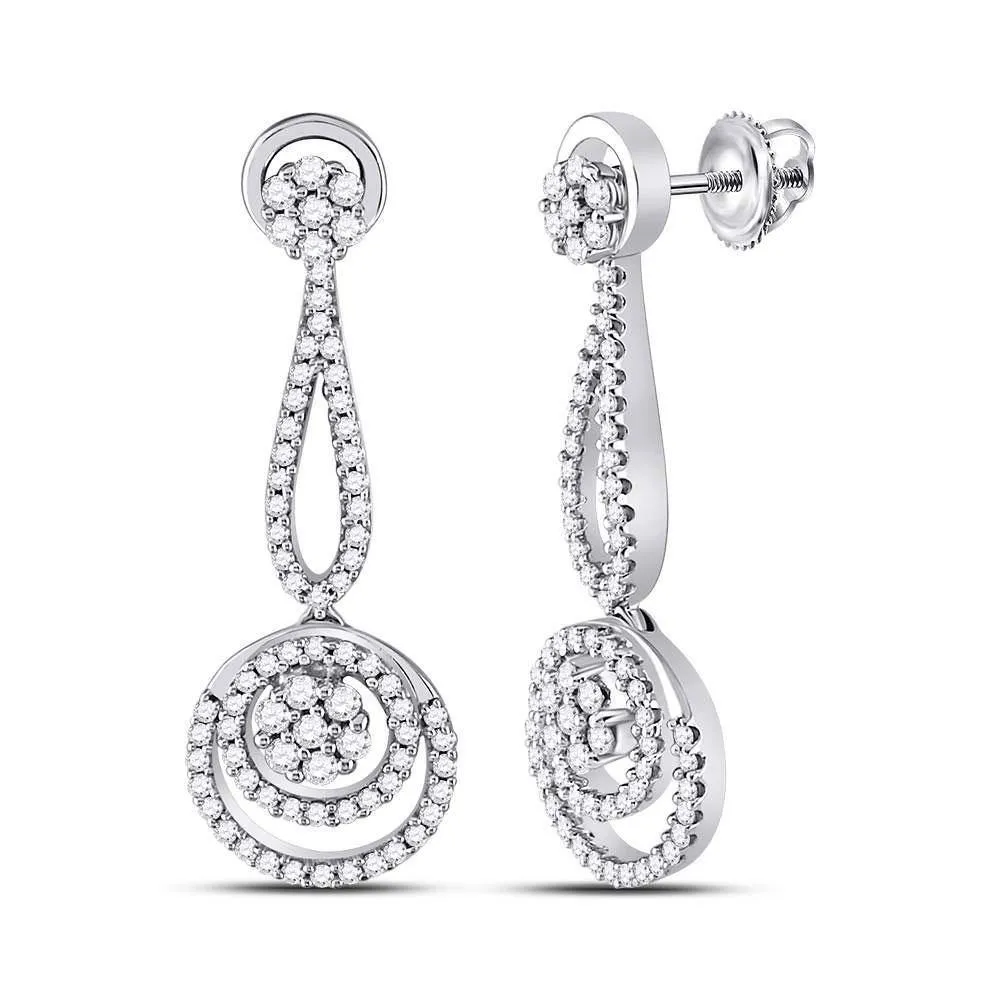 10K White Gold Round Diamond Circle Cluster Dangle Earrings 1.00 Cttw