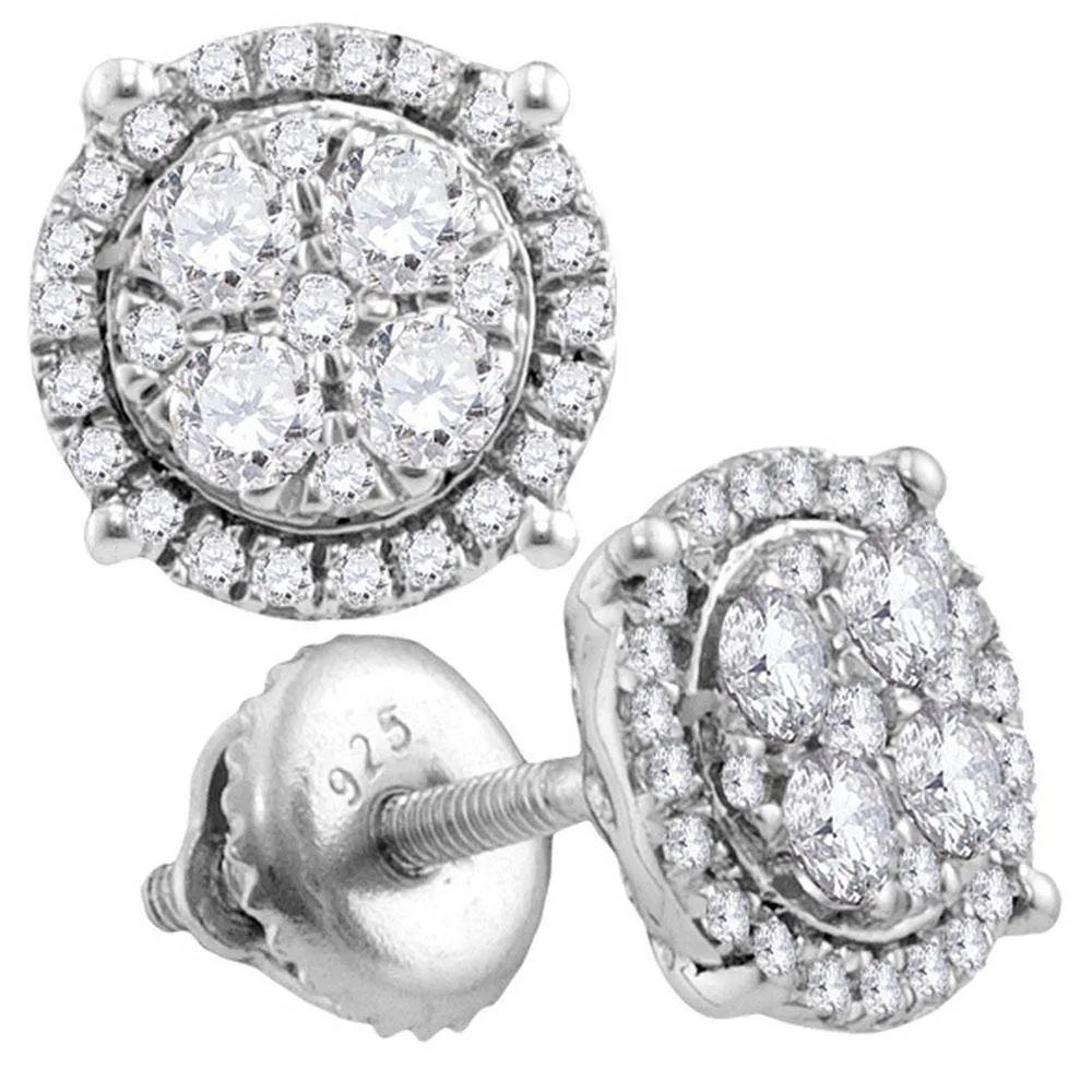 10K White Gold Round Diamond Circle Cluster Earrings 1/4 Cttw