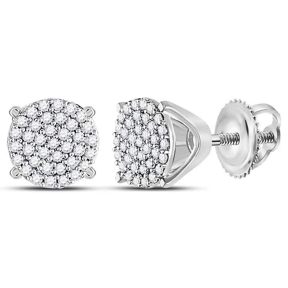 10K White Gold Round Diamond Circle Cluster Stud Earrings 1/4 Cttw