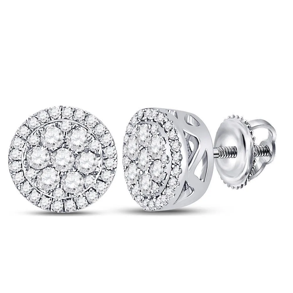 10K White Gold Round Diamond Circle Frame Flower Cluster Earrings 3/8 Cttw