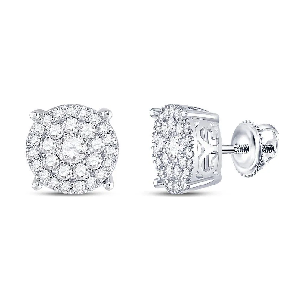 10K White Gold Round Diamond Cluster Earrings 1.00 Cttw