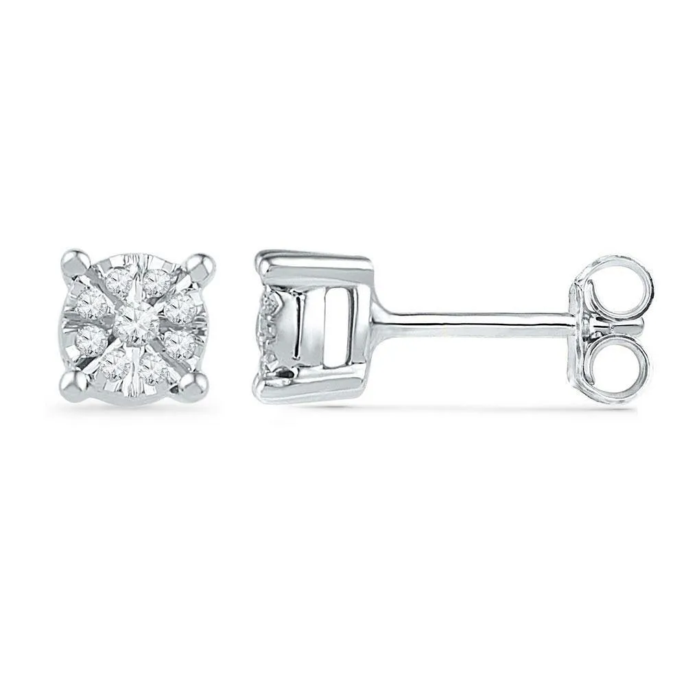 10K White Gold Round Diamond Cluster Screwback Earrings 1/5 Cttw