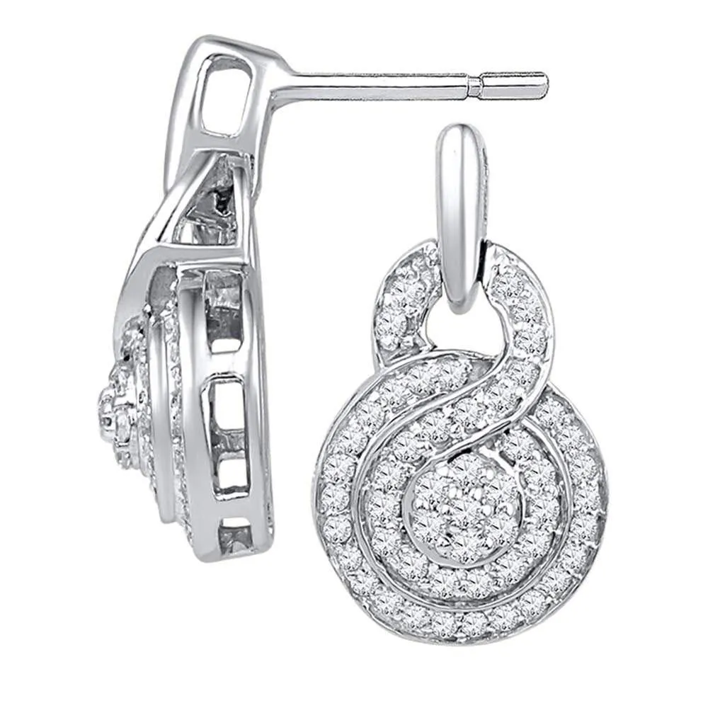 10K White Gold Round Diamond Concentric Circle Cluster Earrings 1/2 Cttw