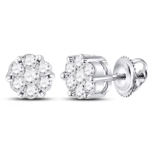 10K White Gold Round Diamond Flower Cluster Earrings 1/4 Cttw