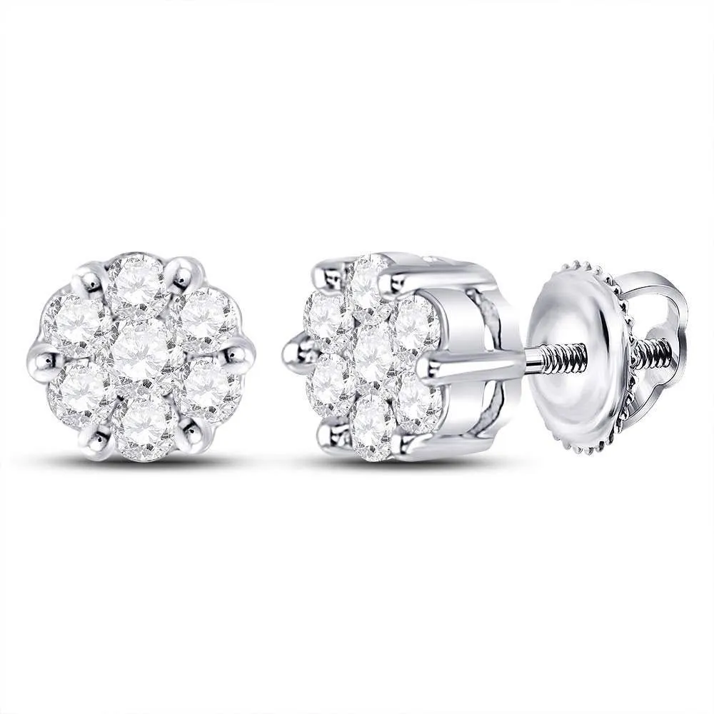 10K White Gold Round Diamond Flower Cluster Earrings 1/4 Cttw