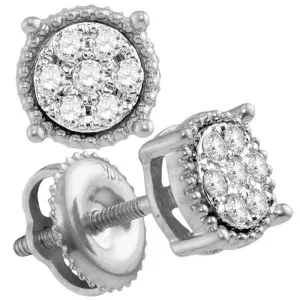 10K White Gold Round Diamond Flower Cluster Milgrain Stud Earrings 1/10 Cttw