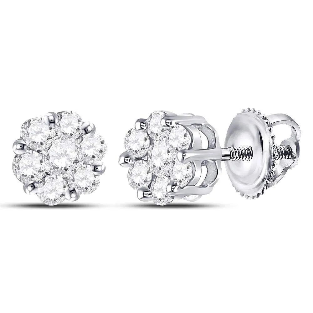 10k White Gold Round Diamond Flower Cluster Screwback Stud Earrings 1/2 Cttw