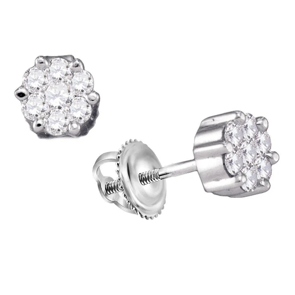 10k White Gold Round Diamond Flower Cluster Screwback Stud Earrings 1/6 Cttw