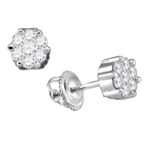 10k White Gold Round Diamond Flower Cluster Screwback Stud Earrings 1/6 Cttw