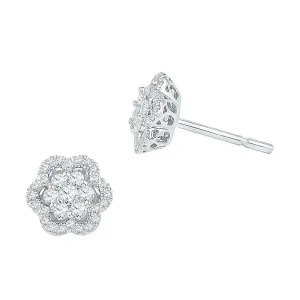 10K White Gold Round Diamond Flower Cluster Stud Earrings 1/2 Cttw