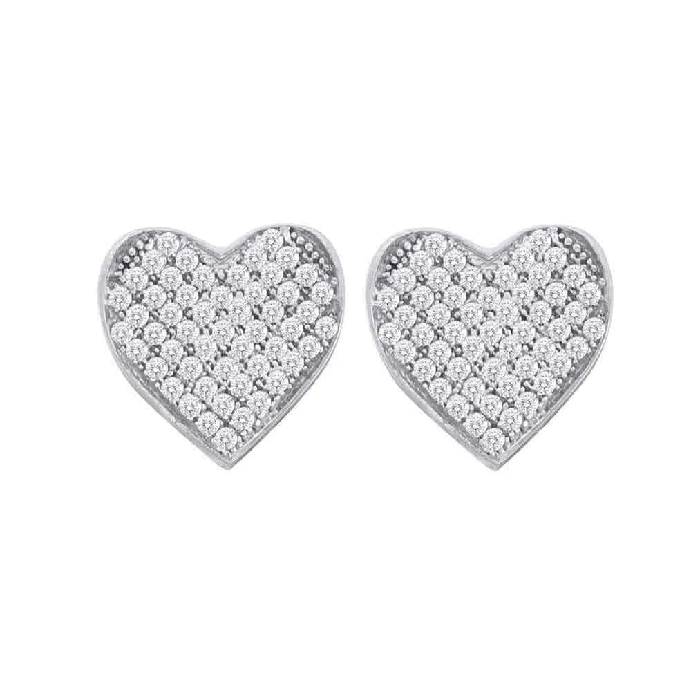 10K White Gold Round Diamond Heart Cluster Screwback Earrings 1/10 Cttw
