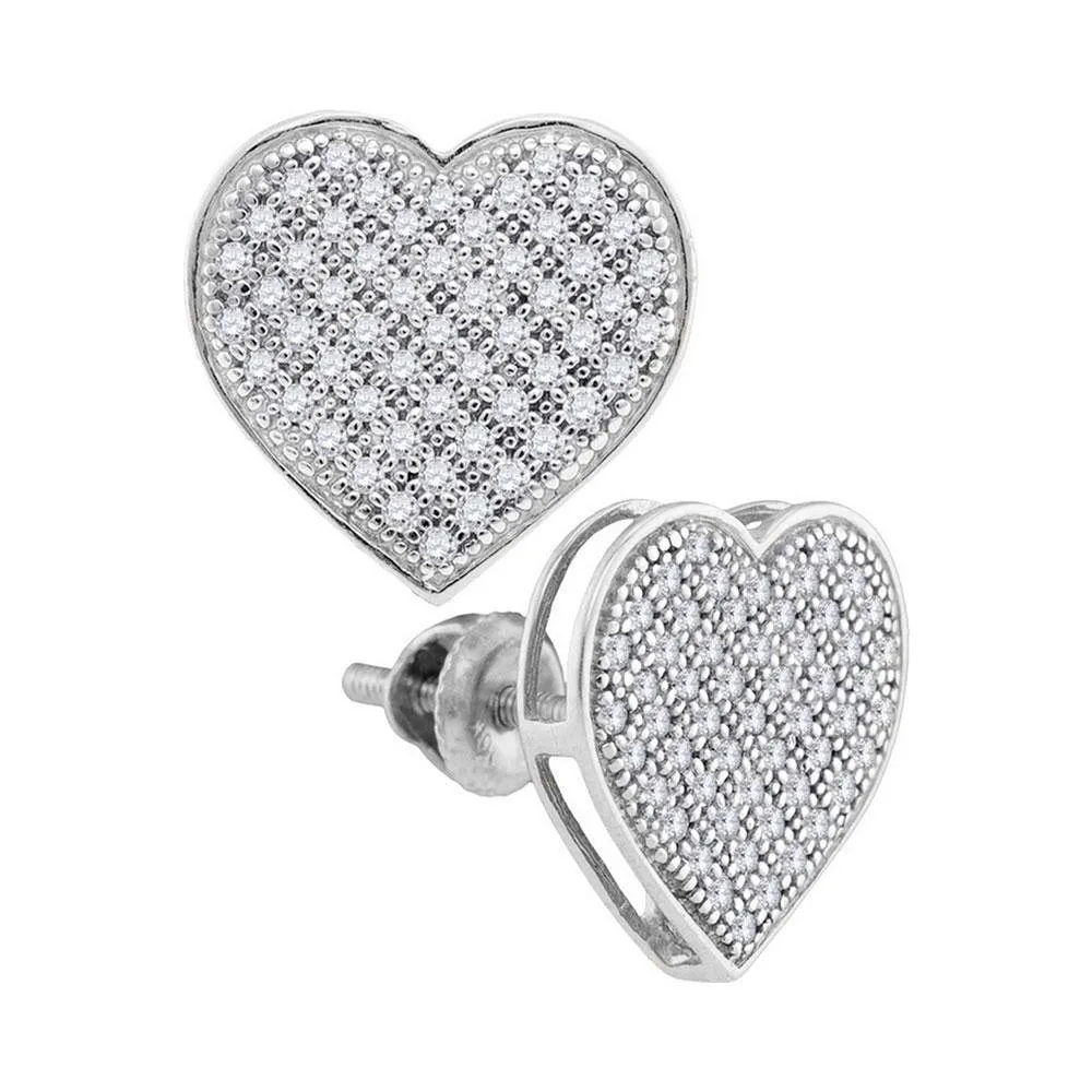 10K White Gold Round Diamond Heart Cluster Screwback Earrings 1/3 Cttw