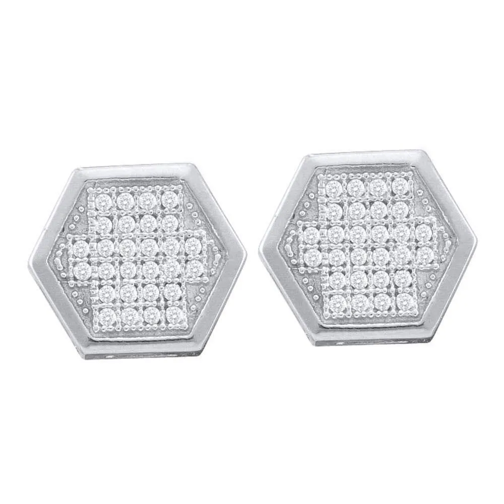 10K White Gold Round Diamond Hexagon Cluster Earrings 1/5 Cttw