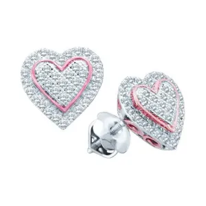 10K White Gold Round Diamond Rose-tone Heart Cluster Screwback Earrings 1/4 Cttw