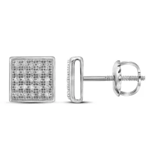 10K White Gold Round Diamond Square Cluster Earrings 1/6 Cttw