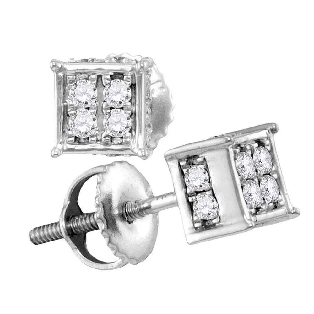 10K White Gold Round Diamond Square Cluster Screwback Earrings 1/4 Cttw