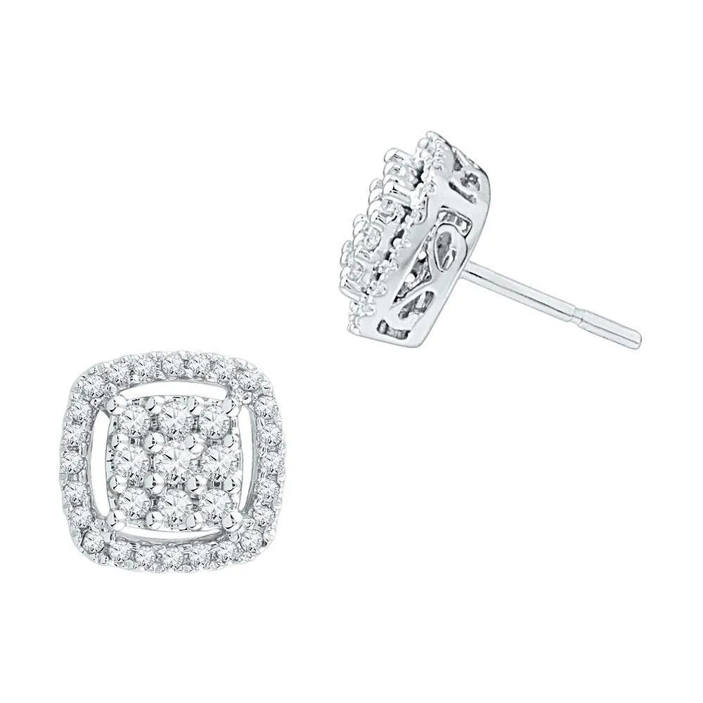 10K White Gold Round Diamond Square Frame Cluster Earrings 1/2 Cttw