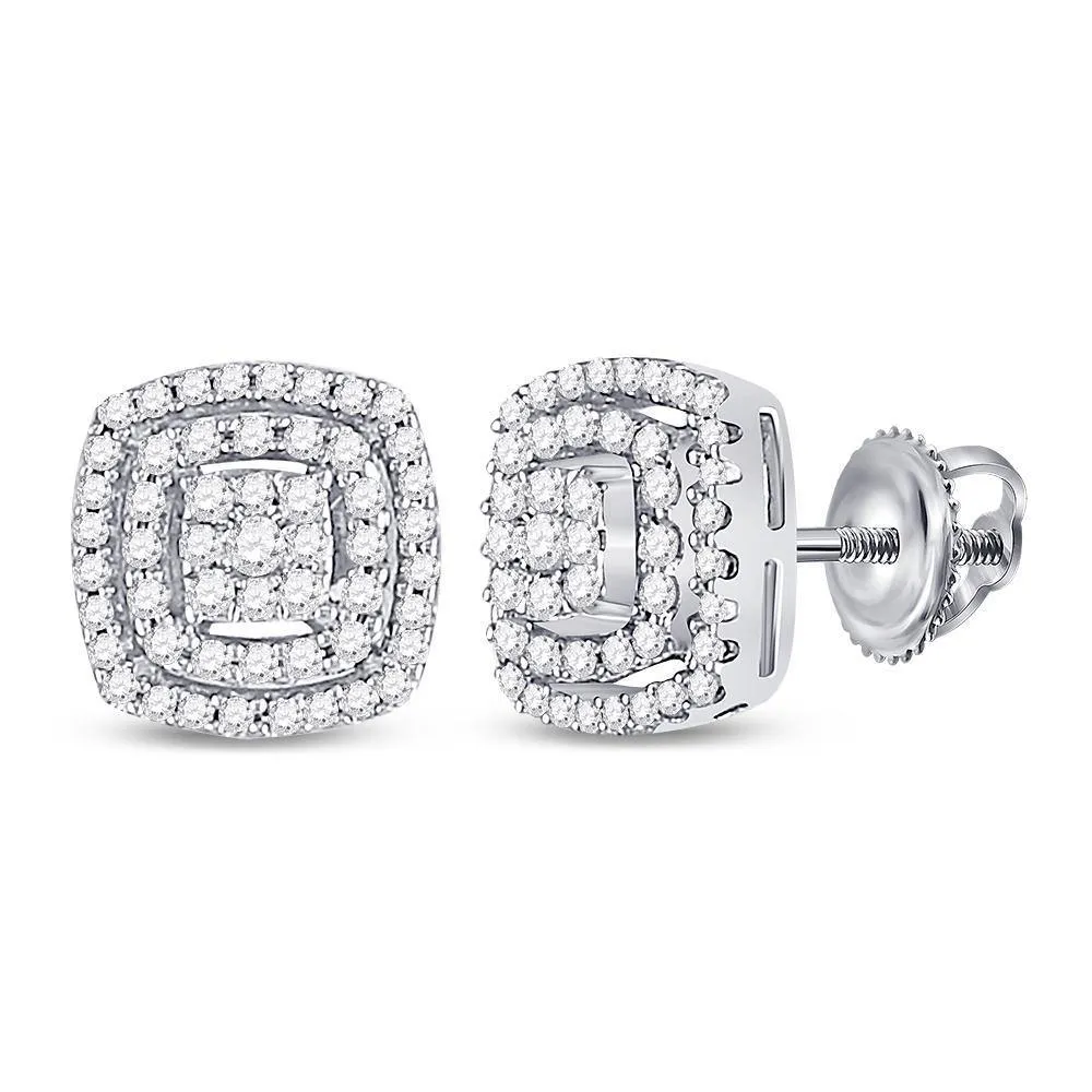 10K White Gold Round Diamond Square Frame Cluster Earrings 1/4 Cttw