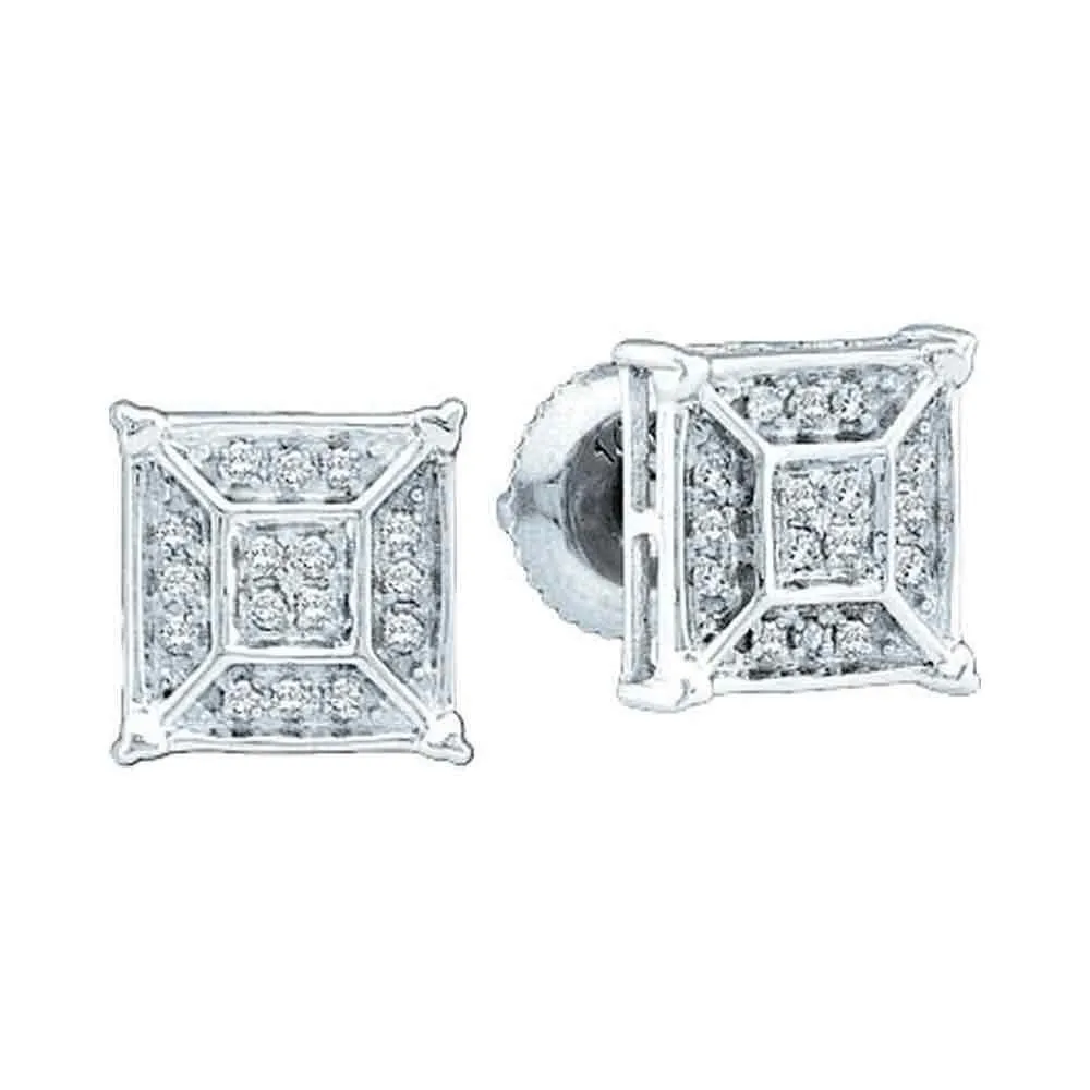 10K White Gold Round Diamond Square Geometric Cluster Earrings 1/8 Cttw