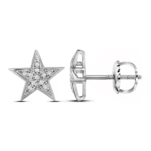 10K White Gold Round Diamond Star Cluster Screwback Earrings 1/20 Cttw