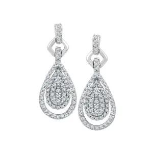 10K White Gold Round Diamond Teardrop Cluster Dangle Earrings 1/2 Cttw