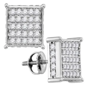 10K White Gold Round Pave-set Diamond Square Cluster Earrings 1.00 Cttw